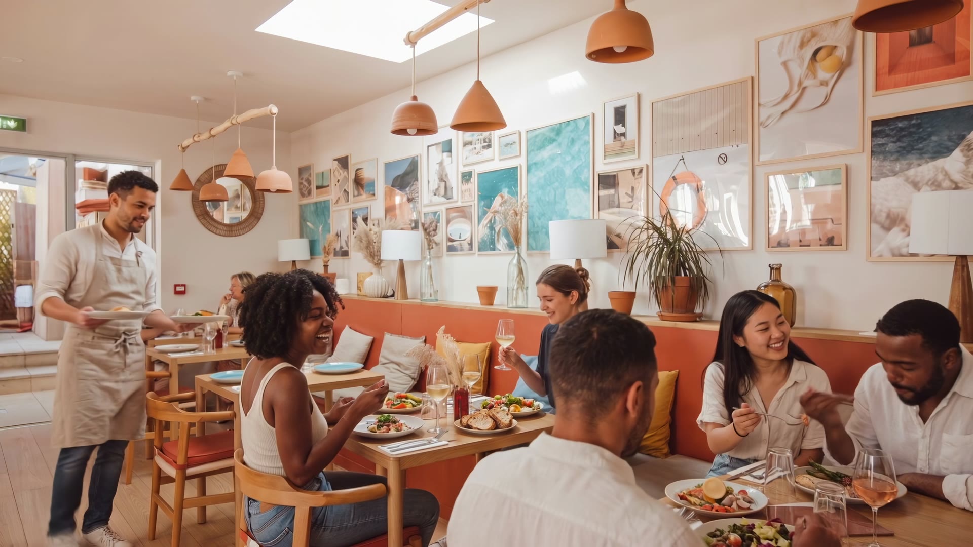 Illustration générée par IA dans la vraie salle de La Piscine : des clients rient et trinquent sur la banquette terracotta, un serveur apporte les assiettes